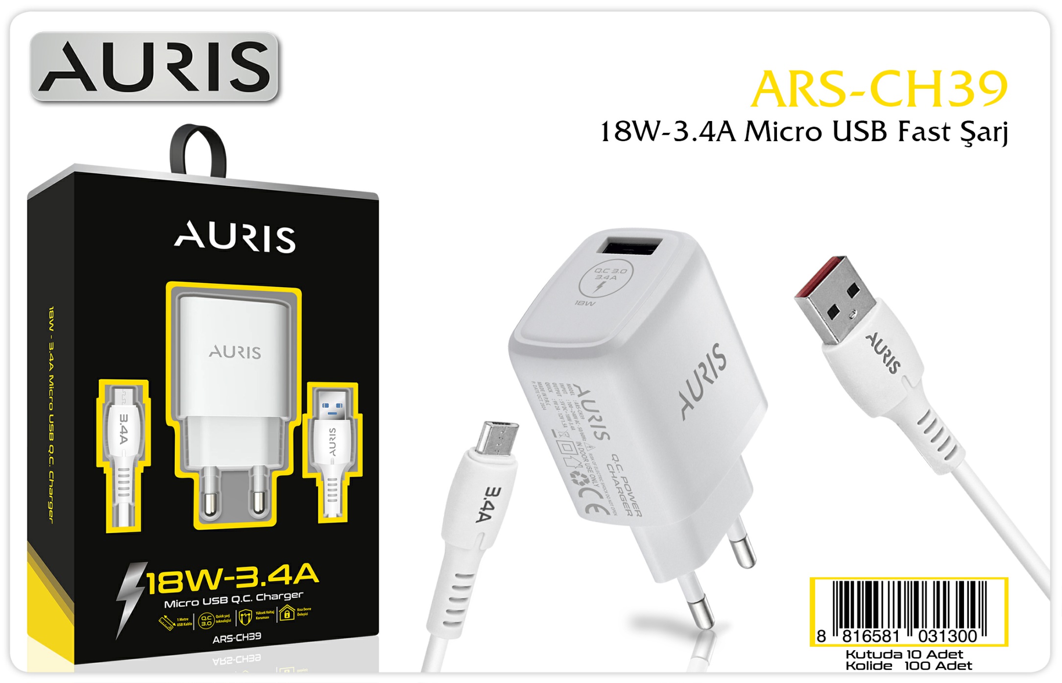 Auris CH39 Micro USB Hızlı Şarj Seti 3-4A 17W Güçlü Adaptör